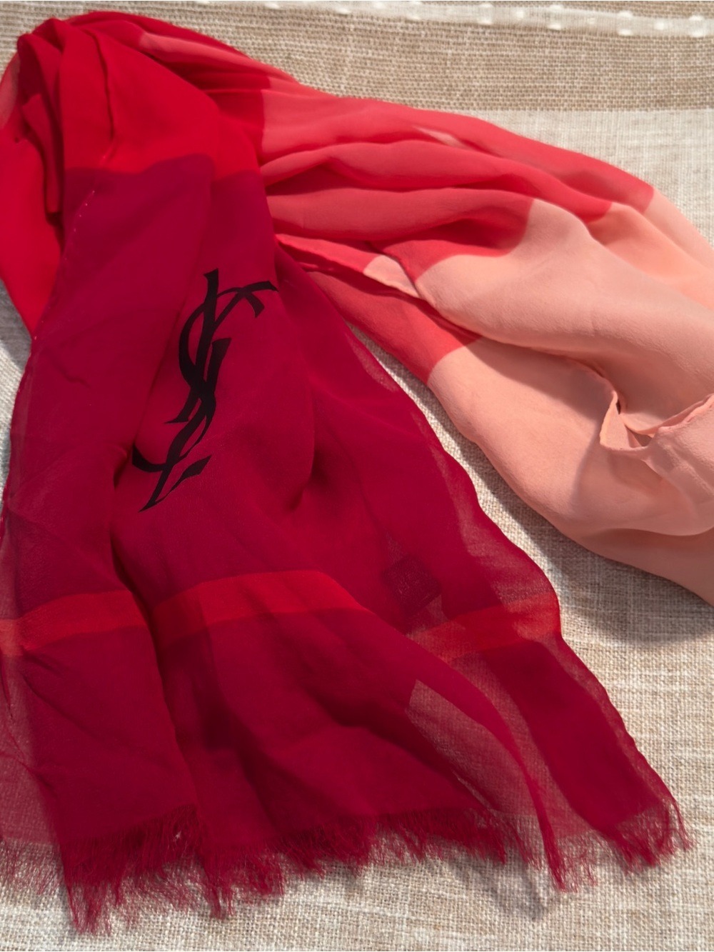 Yves Saint Laurent #010 Ombre Red & Blush Silk Scarf with Logo